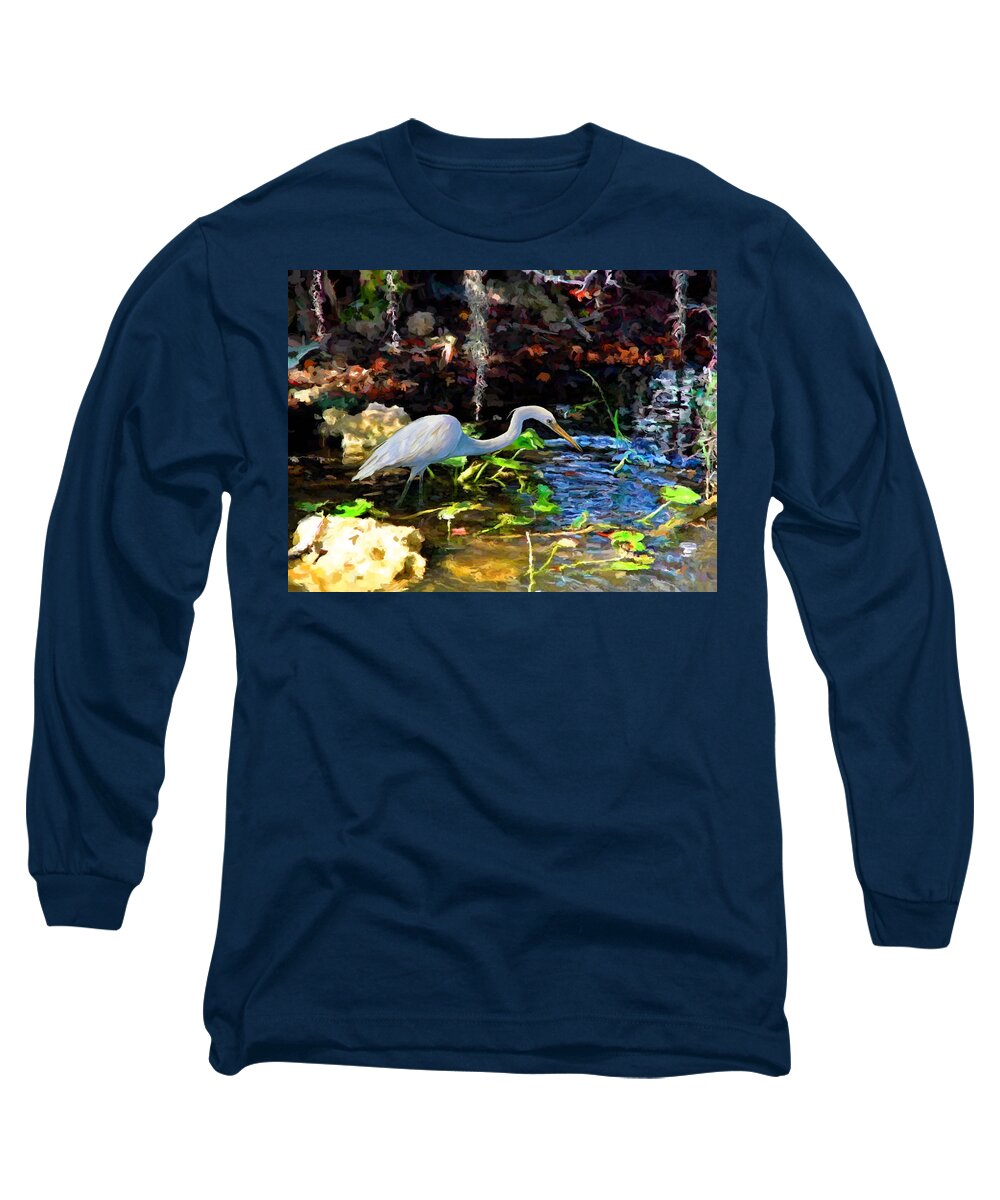 Tropical Long Sleeve T-Shirt featuring the painting Heron in Quiet Pool by David Van Hulst