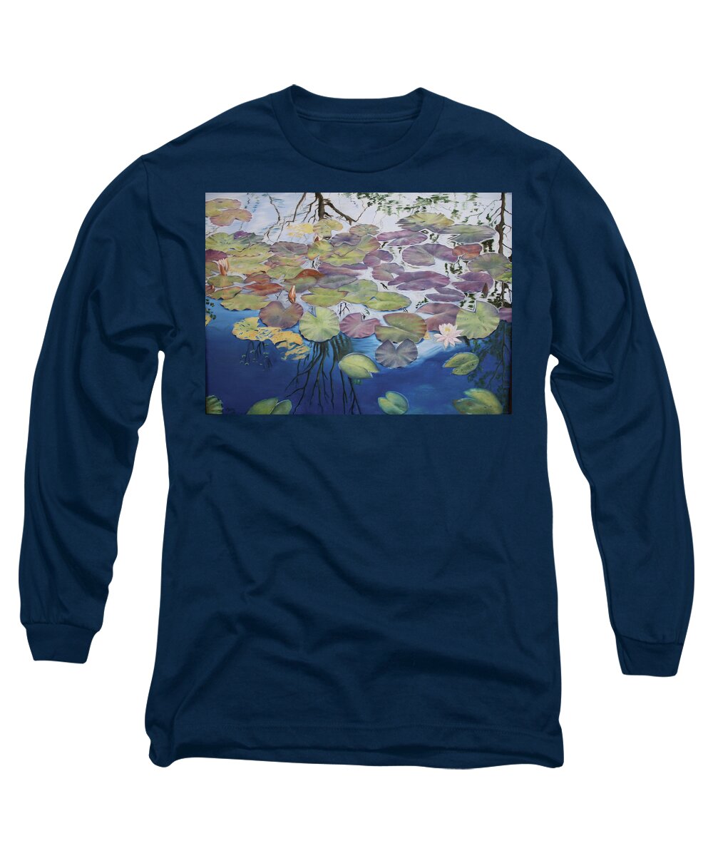 Waterlily Pond; Waterlily; Waterlily Blossom; Water; Serenity; Contemplation Long Sleeve T-Shirt featuring the photograph Bridged's Pond by Marg Wolf