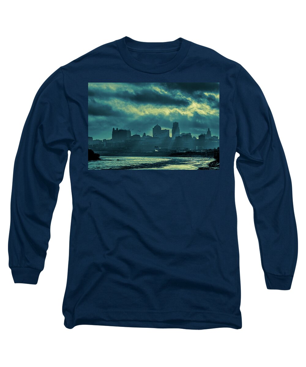 Kaw Point Long Sleeve T-Shirt featuring the photograph Kaw Point Kansas City Skyline by Jeff Phillippi