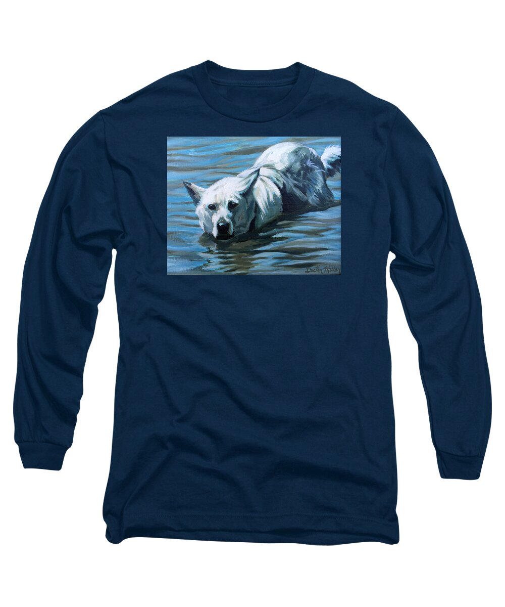Art Long Sleeve T-Shirt featuring the painting Kita Swimming the Platte by Dustin Miller
