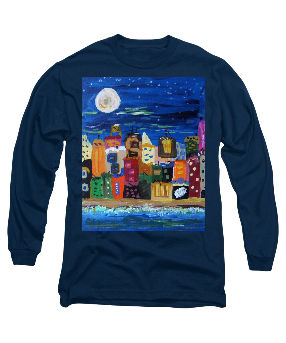 Primitive Long Sleeve T-Shirt featuring the painting Moon and Sea Waves by Mary Carol Williams