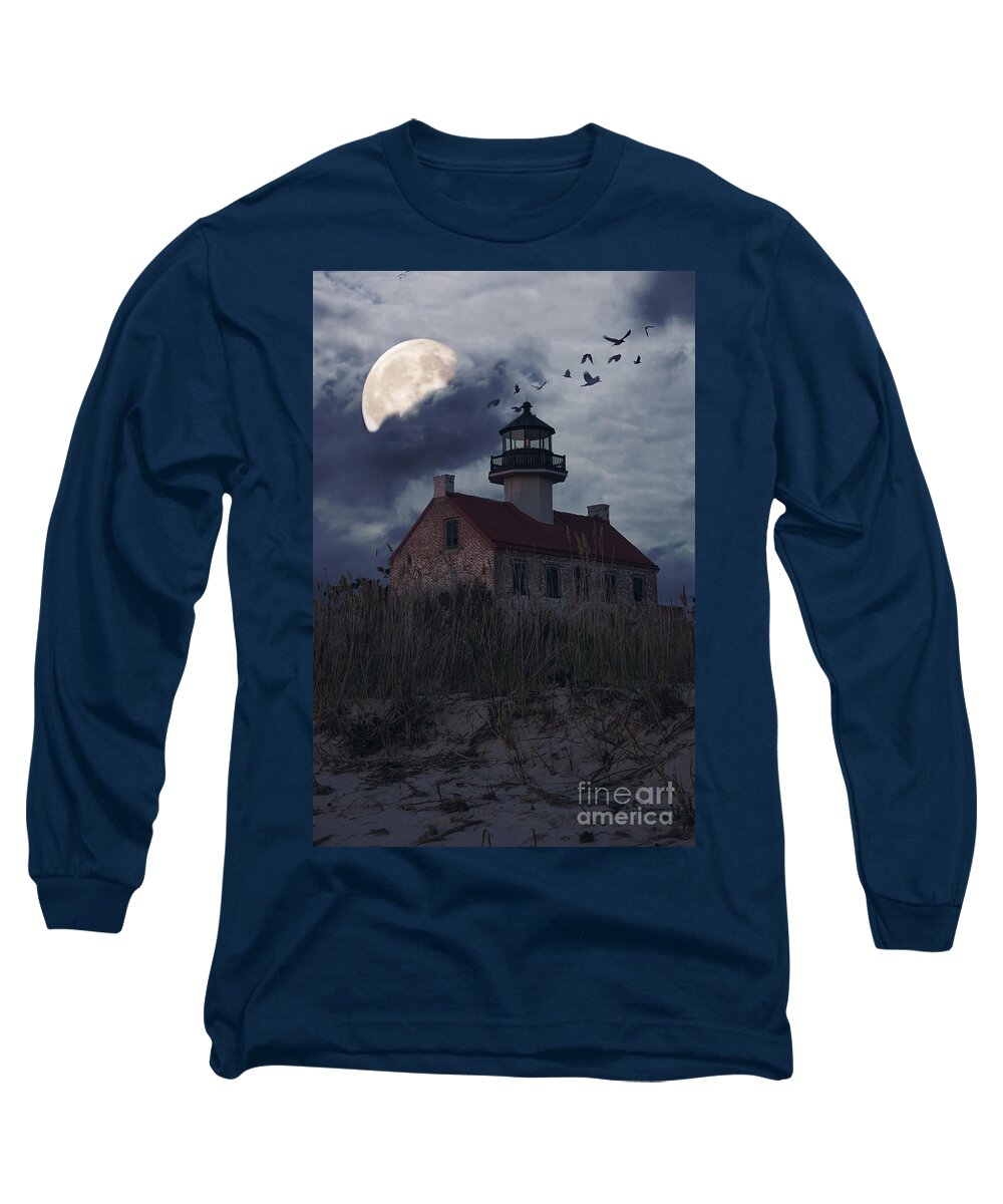 Lighthouse Long Sleeve T-Shirt featuring the photograph Moonlight at East Point by Debra Fedchin