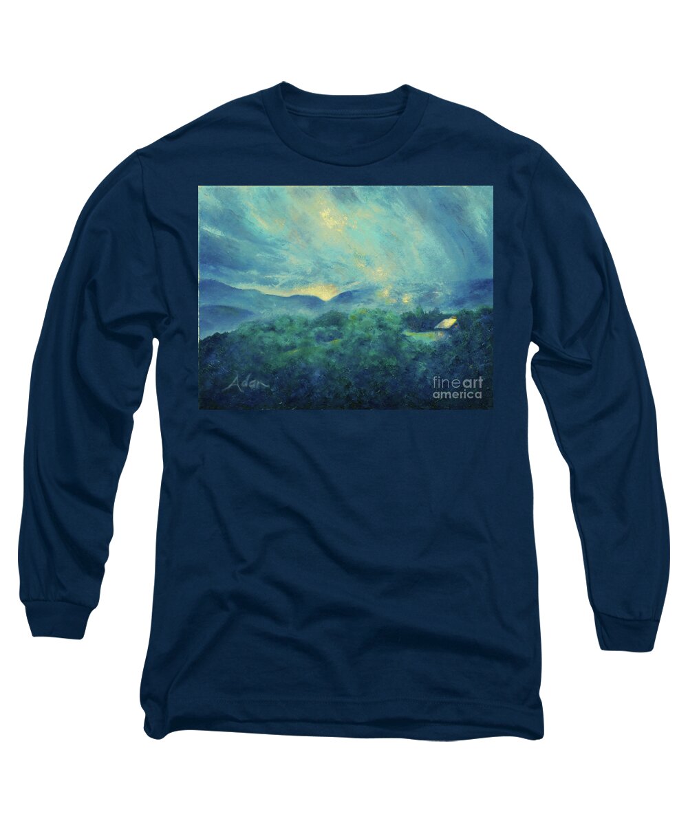 Blue Green Long Sleeve T-Shirt featuring the painting Mountain Road Cabin and Sunrise Stowe Vermont circa 2018 by Felipe Adan Lerma