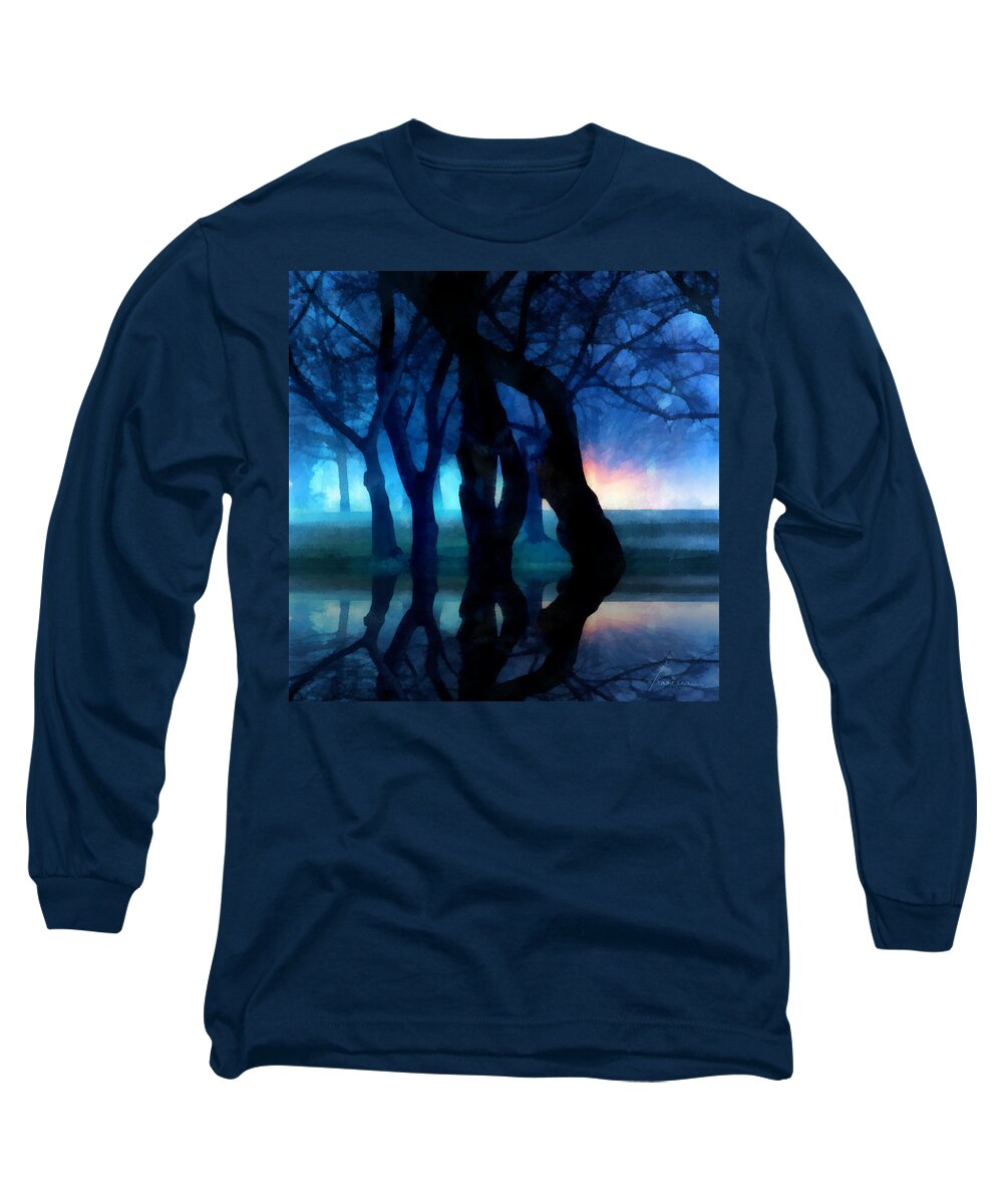 Fog Night Glowing Glow Trees City Park Creepy Dark Evening Silhouette Branches Reflections Long Sleeve T-Shirt featuring the digital art Night Fog in a City Park by Frances Miller