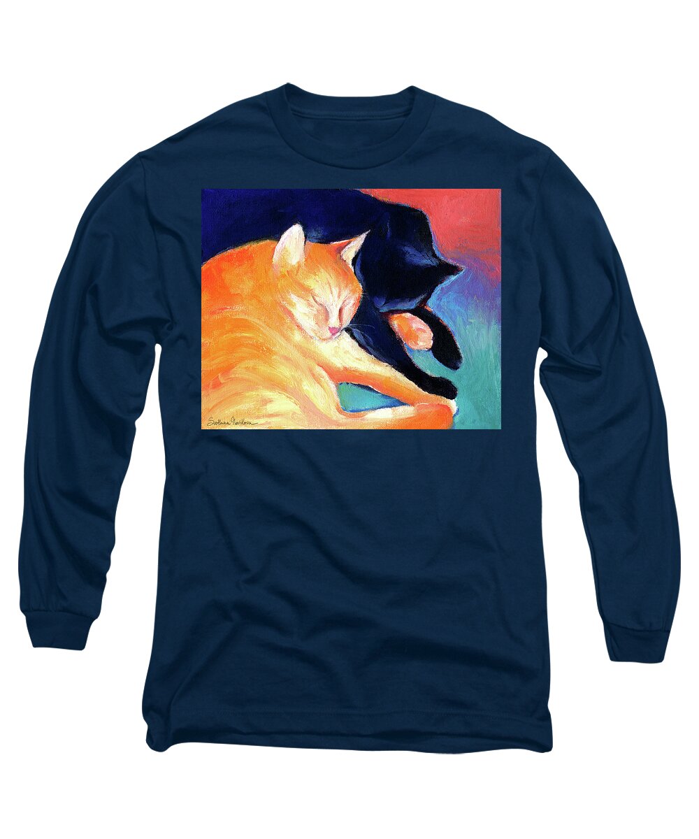 Orange Tabby Cat Painting Long Sleeve T-Shirt featuring the painting Orange and Black tabby cats sleeping by Svetlana Novikova