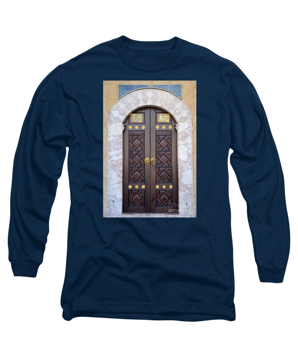 Door Long Sleeve T-Shirt featuring the photograph Ornately decorated wood and brass inlay door of Sarajevo mosque Bosnia Hercegovina by Imran Ahmed