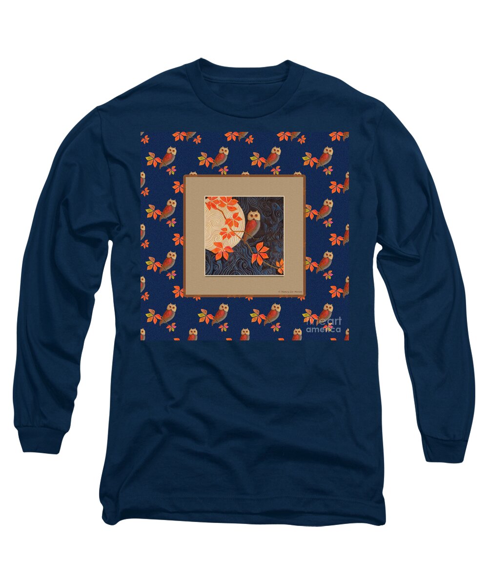 American Tradition Long Sleeve T-Shirt featuring the mixed media Owl and Moon on Midnight Blue by Nancy Lee Moran