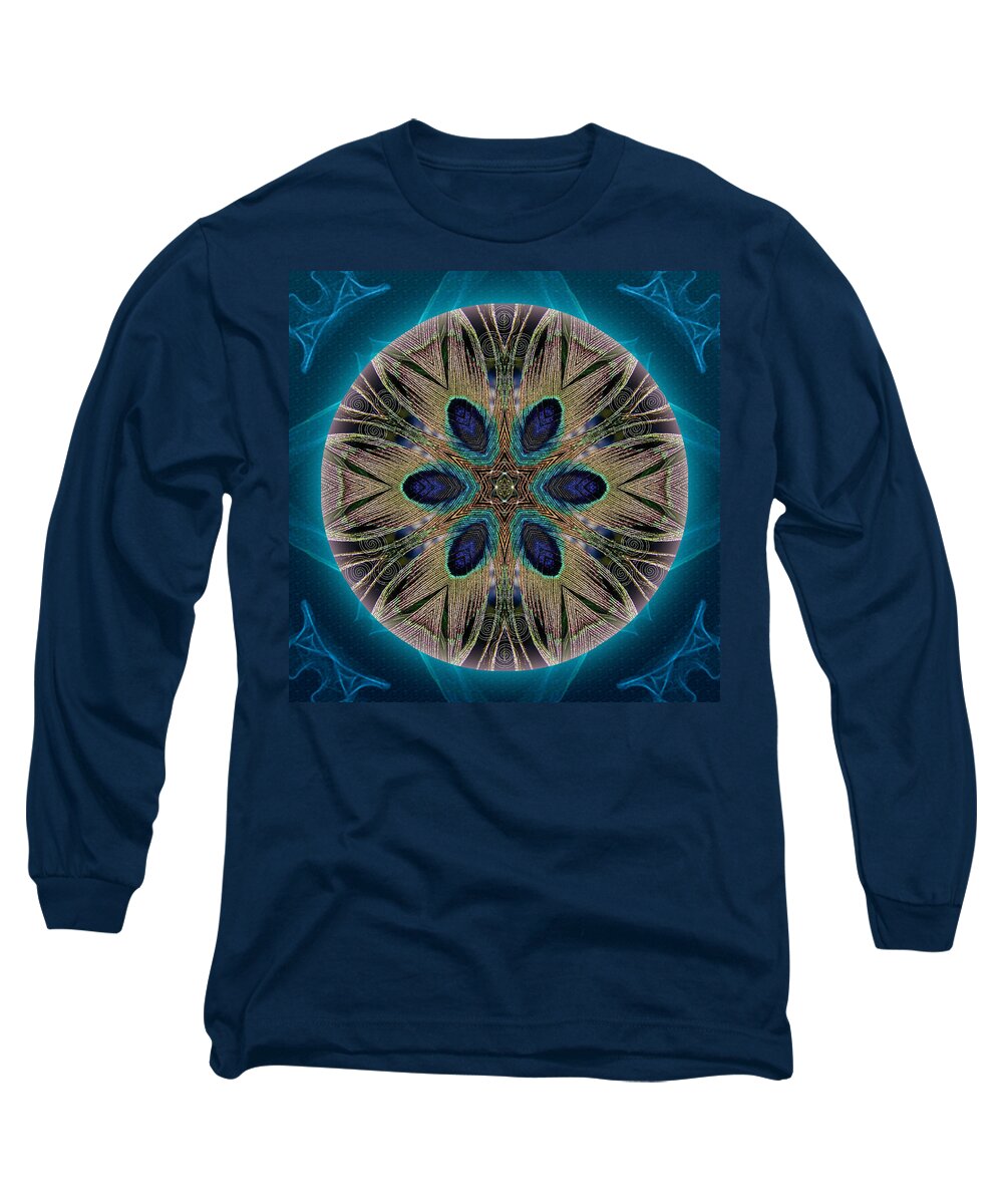Mandala Long Sleeve T-Shirt featuring the mixed media Peacock Power by Alicia Kent
