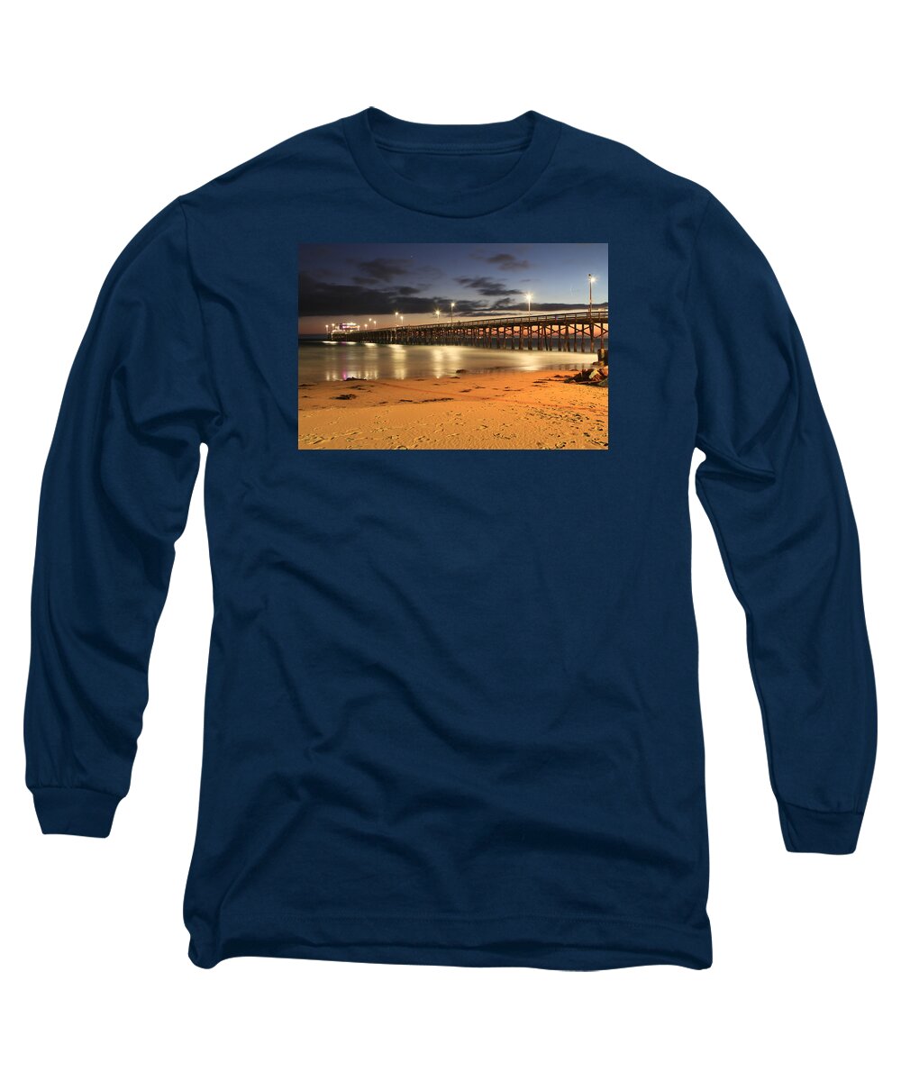 Newport Pier Long Sleeve T-Shirt featuring the photograph Pier at Night by Karen Ruhl