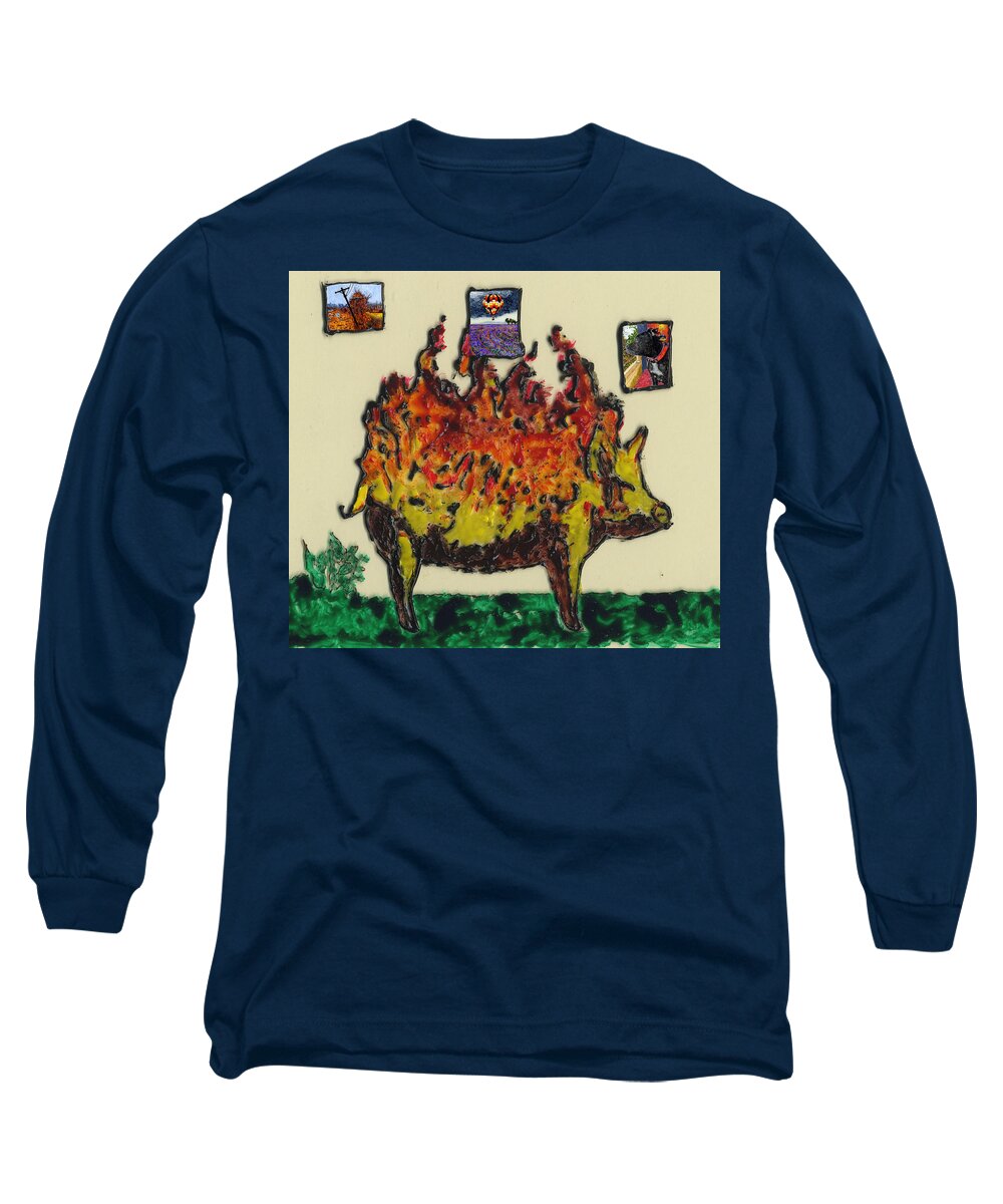 Pig Long Sleeve T-Shirt featuring the painting Pig Ablaze by Phil Strang