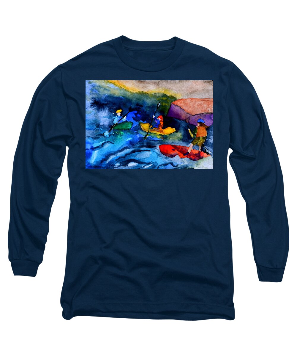 Kayak Long Sleeve T-Shirt featuring the painting Platte River Paddling by Beverley Harper Tinsley