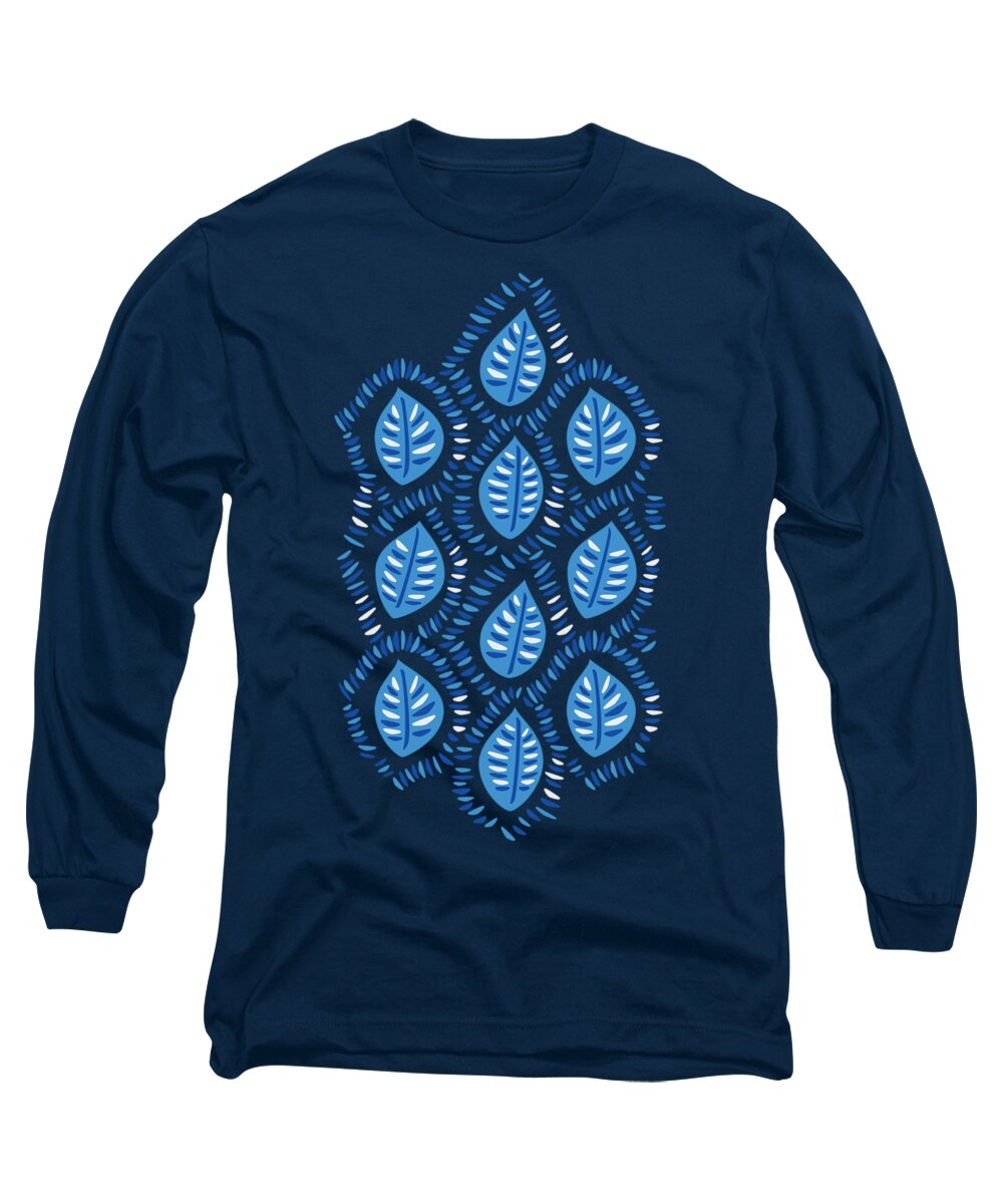 Pattern Long Sleeve T-Shirt featuring the digital art Pretty Decorative Blue Leaves Pattern by Boriana Giormova