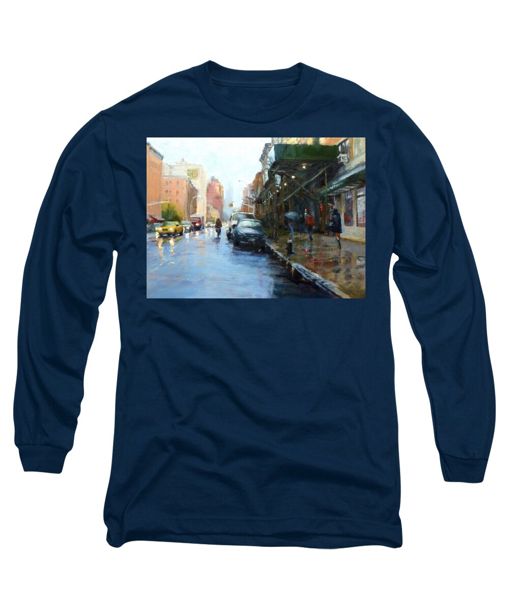 Landscape Long Sleeve T-Shirt featuring the painting Rainy Afternoon on Amsterdam Avenue by Peter Salwen