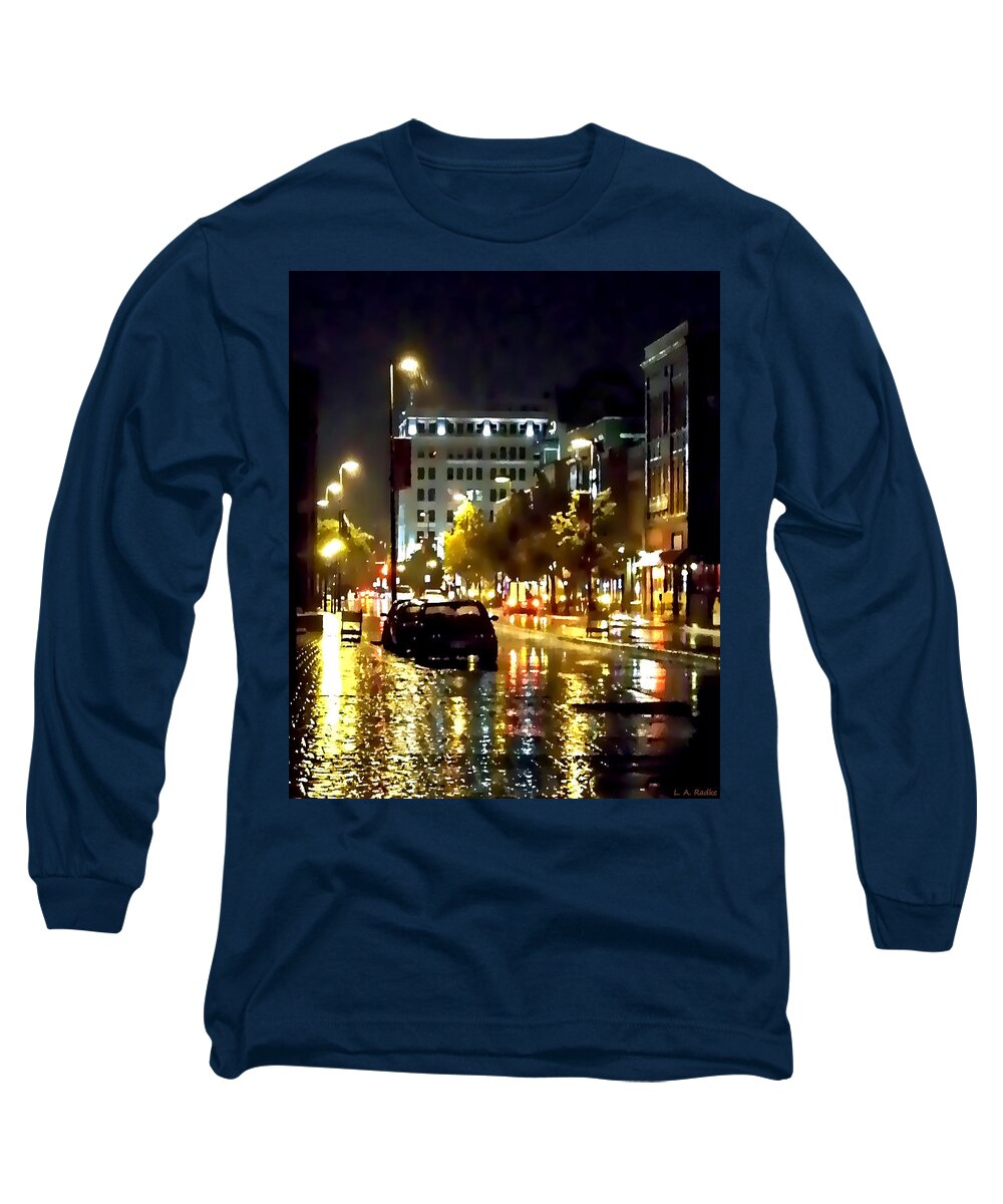 Lauren Radke Long Sleeve T-Shirt featuring the photograph Rainy Night in Green Bay by Lauren Radke