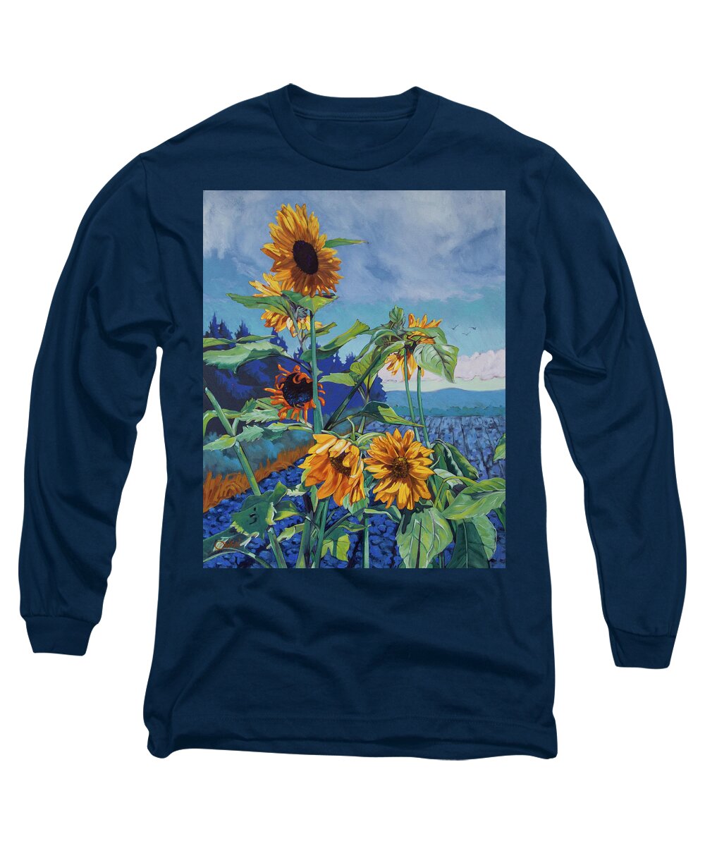 Painted Sunflowers 24x30 Oil On Canvas Long Sleeve T-Shirt featuring the painting Ray's Sunflowers by Rob Owen