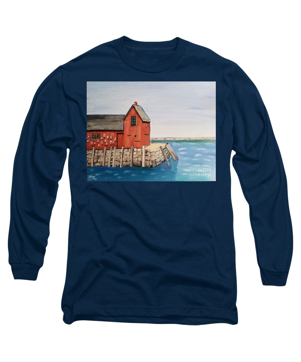 Rockport Long Sleeve T-Shirt featuring the painting Rockport Motif in winter by Mary Capriole