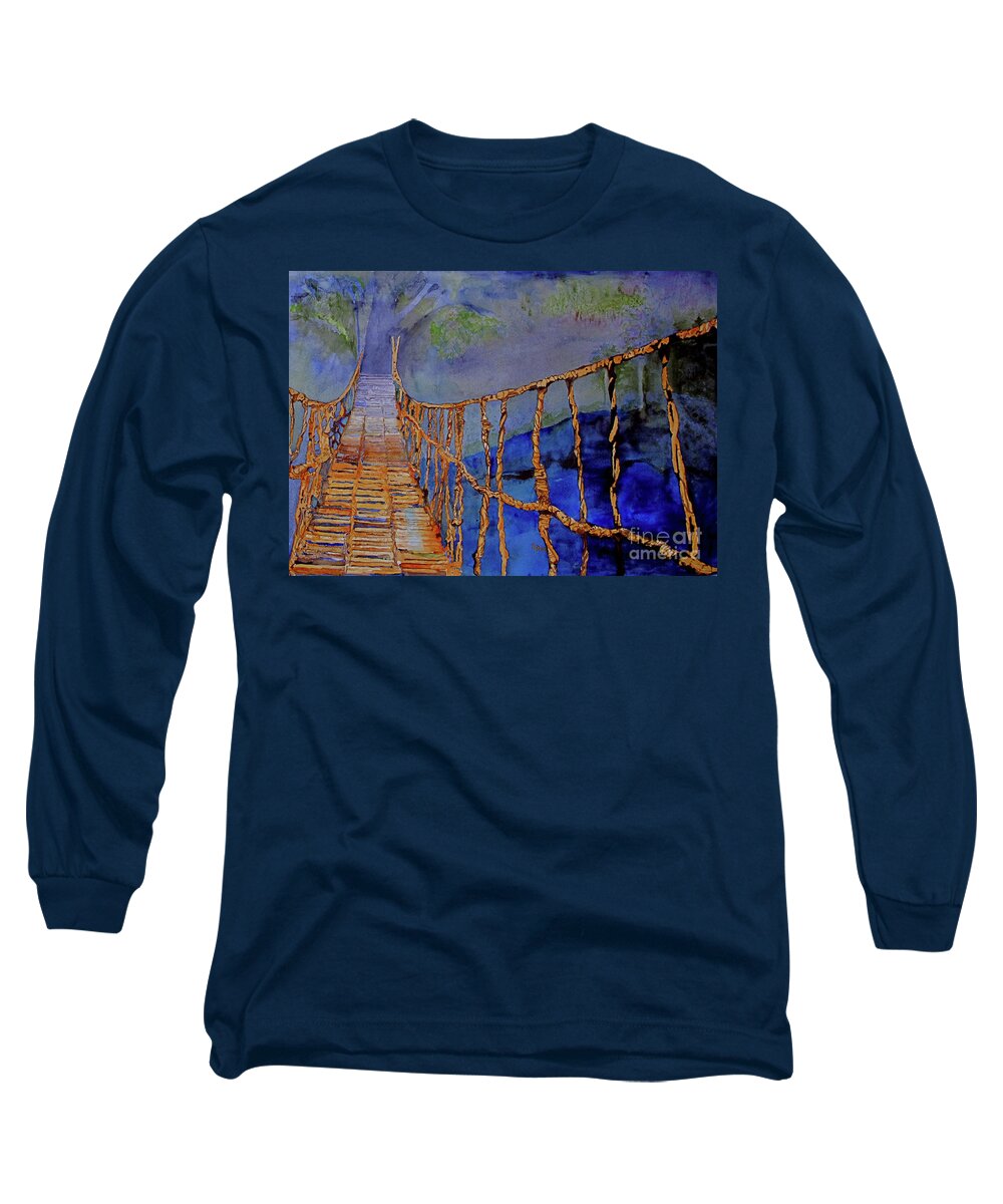 Rope Bridge Long Sleeve T-Shirt featuring the painting Rope Bridge by Sandy McIntire