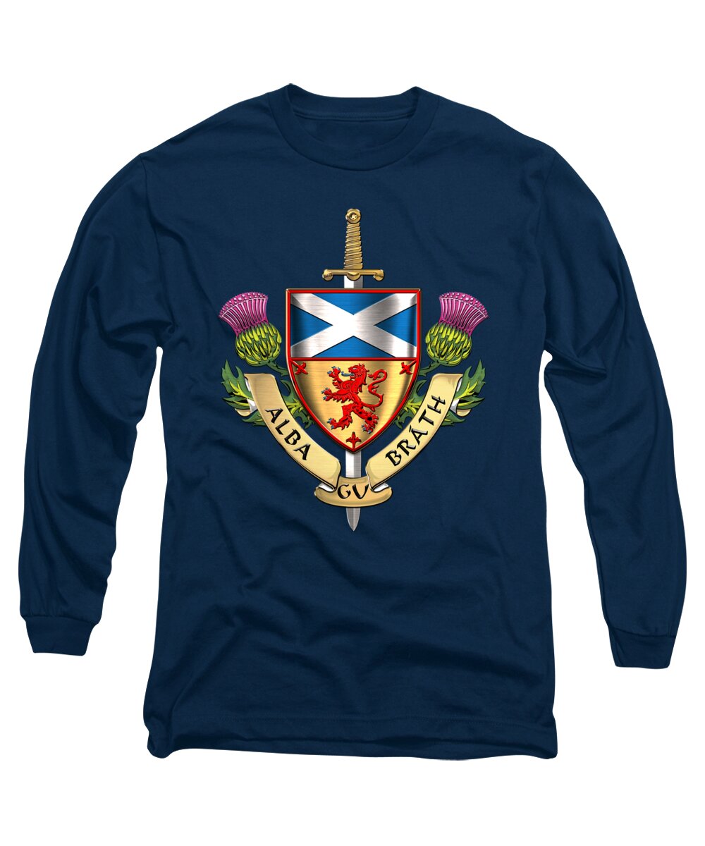 “world Heraldry” Collection Serge Averbukh Long Sleeve T-Shirt featuring the digital art Scotland Forever - Alba Gu Brath - Symbols of Scotland over Blue Velvet by Serge Averbukh