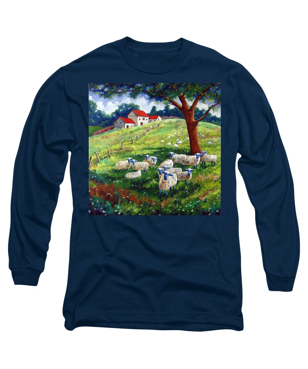 Sheep Long Sleeve T-Shirt featuring the painting Sheeps in a field by Richard T Pranke