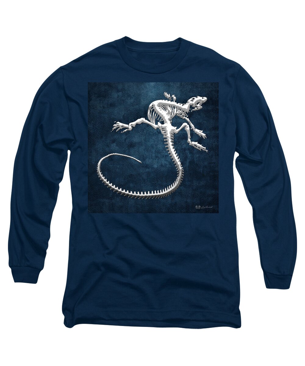 Precious Bones By Serge Averbukh Long Sleeve T-Shirt featuring the photograph Silver Iguana Skeleton on Blue Silver Iguana Skeleton on Blue by Serge Averbukh