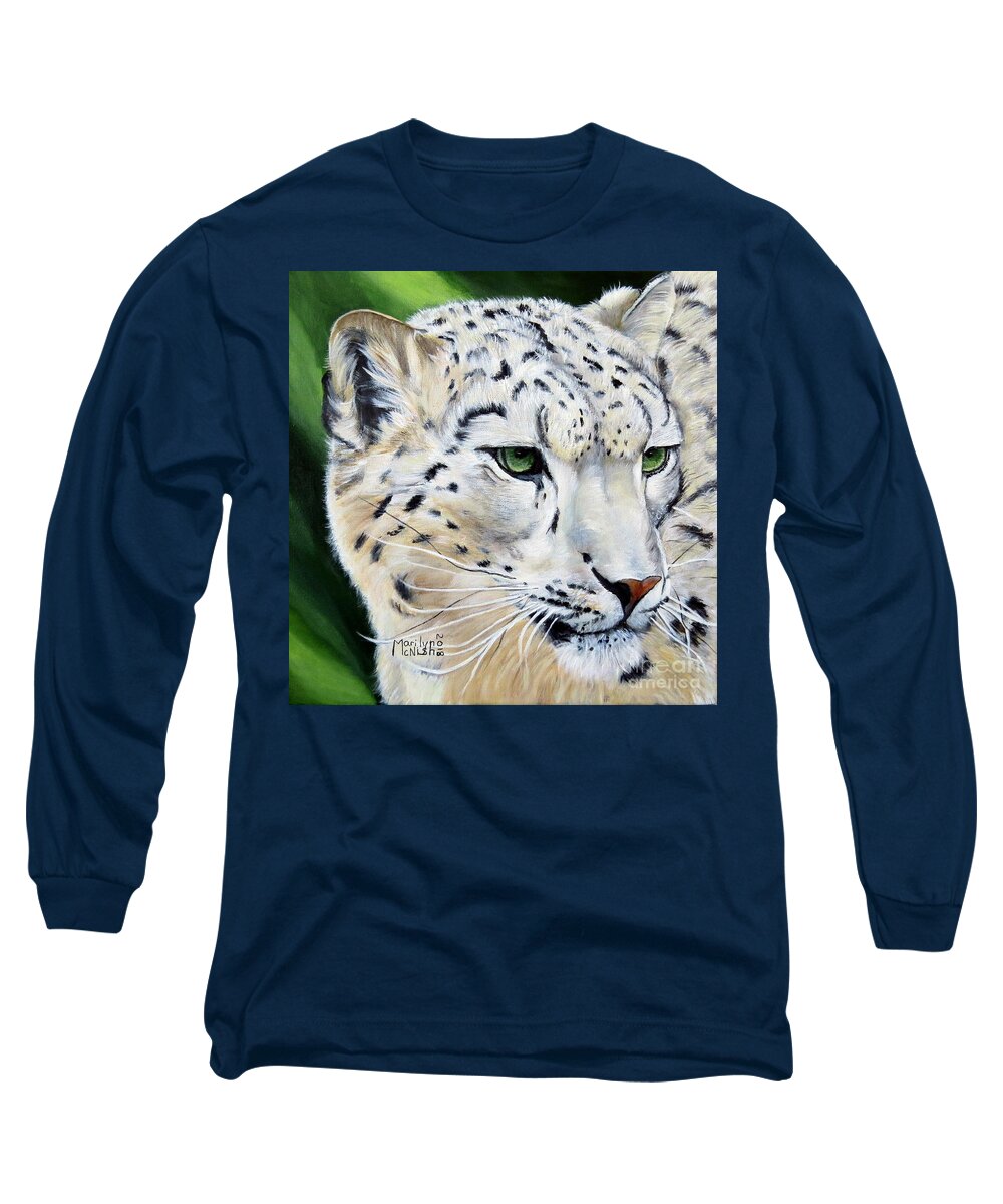 Afghanistan Long Sleeve T-Shirt featuring the painting Snow Leopard Portrait by Marilyn McNish