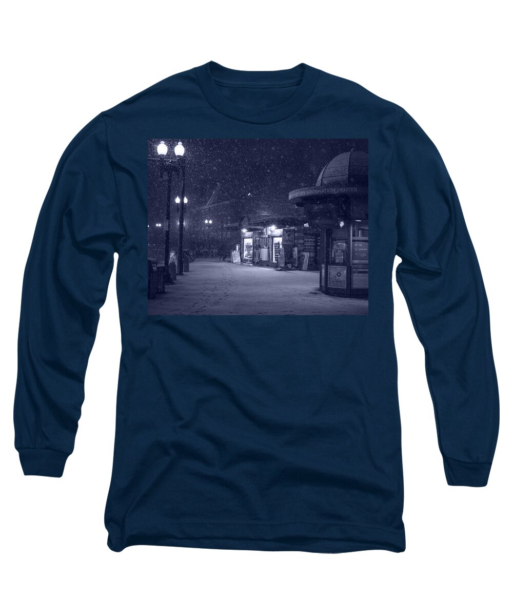 Harvard Long Sleeve T-Shirt featuring the photograph Snowfall in Harvard Square Cambridge MA Kiosk Monochrome Blue by Toby McGuire