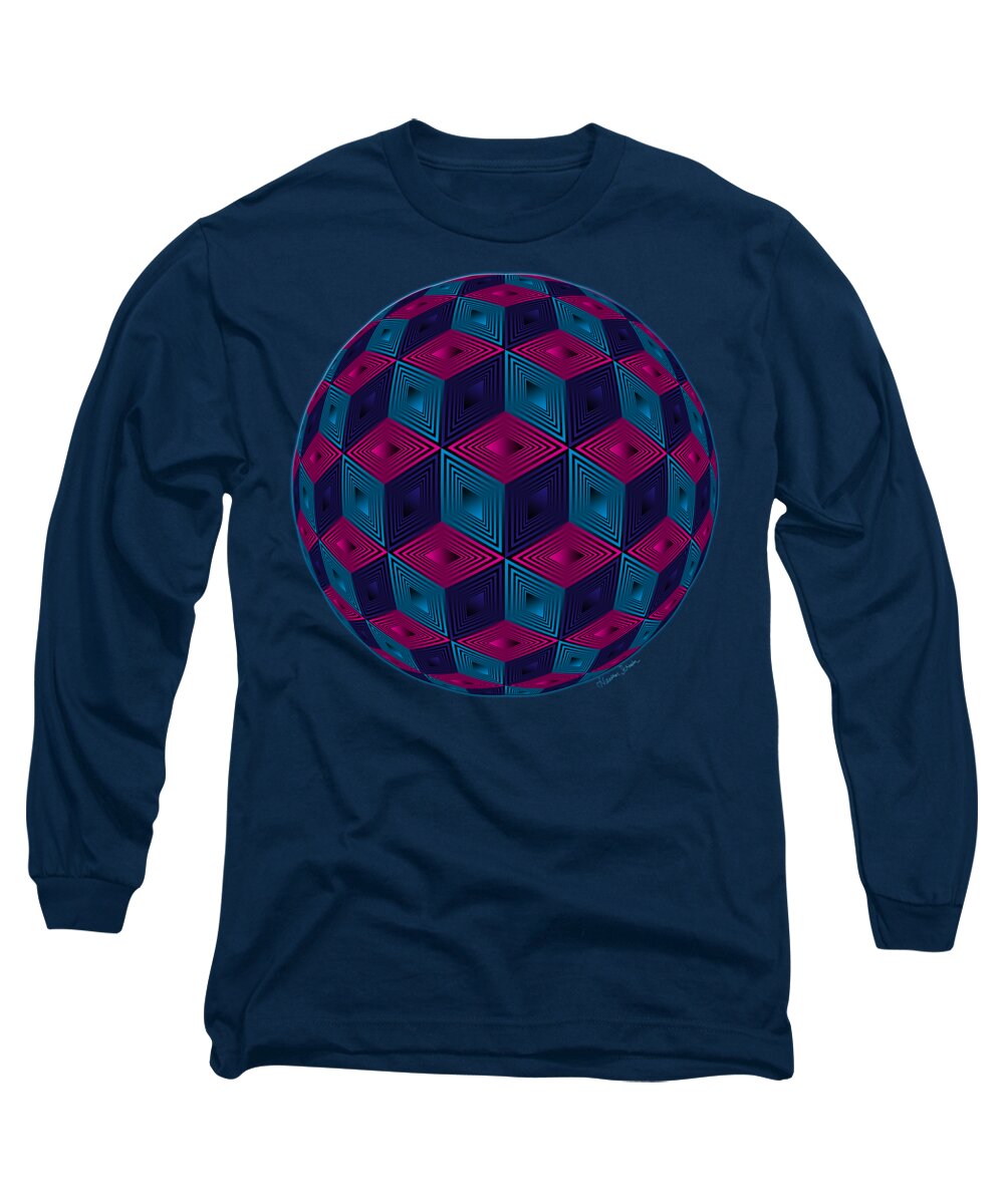 Digital Long Sleeve T-Shirt featuring the digital art Spherized Pink Purple Blue and Black Hexa by Heather Schaefer