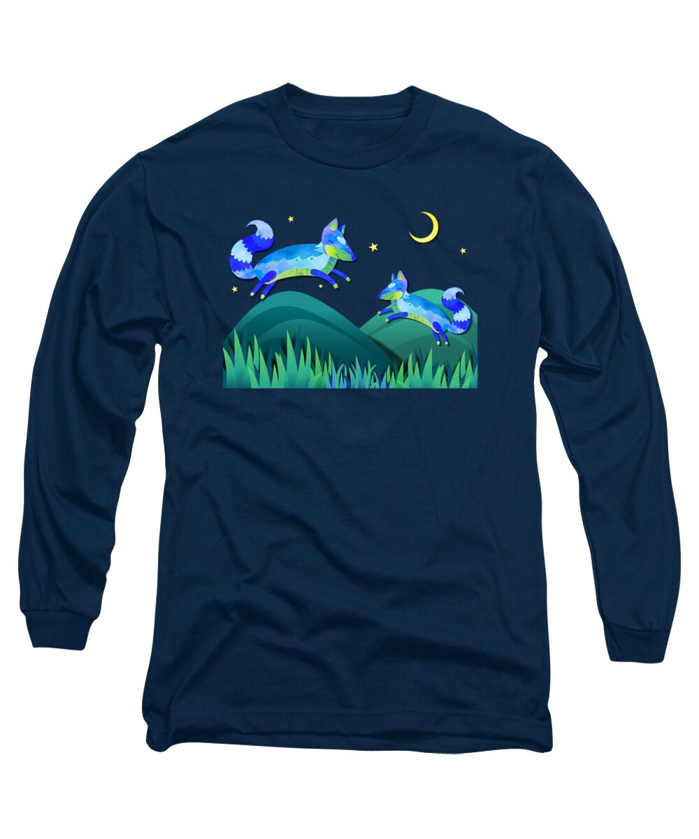 Fox Long Sleeve T-Shirt featuring the painting Starlit Foxes by Little Bunny Sunshine