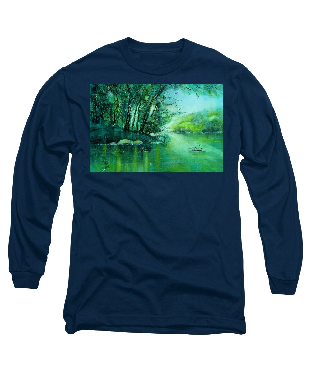 Summer Long Sleeve T-Shirt featuring the painting Summer evening at the river Rhine by Sabina Von Arx
