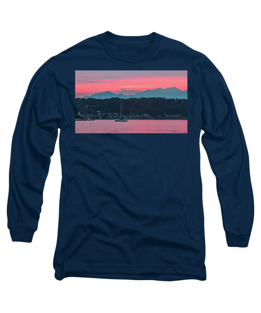 Olympic Mountains Long Sleeve T-Shirt featuring the photograph Summer Sunset over Yukon Harbor.5 by E Faithe Lester