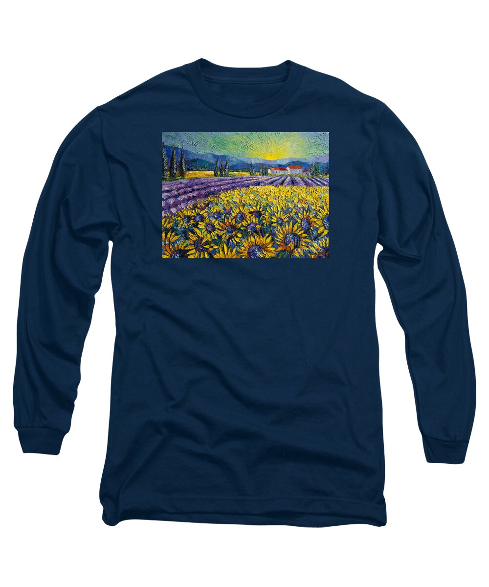 Sunflowers And Lavender Field The Colors Of Provence Long Sleeve T-Shirt featuring the painting SUNFLOWERS AND LAVENDER FIELD - THE COLORS OF PROVENCE Modern Impressionist Palette Knife Painting by Mona Edulesco