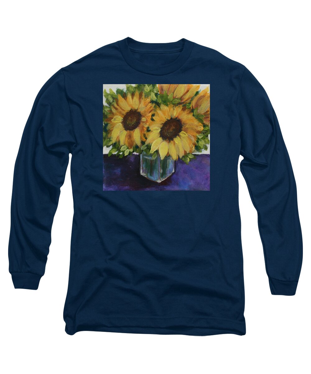 Sunflower Long Sleeve T-Shirt featuring the painting Sunflowers in a Square Vase by Donna Tucker