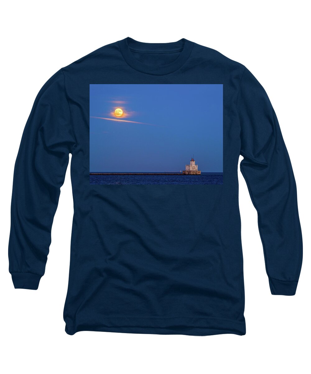 Lake Michigan Long Sleeve T-Shirt featuring the photograph Supermoon over the white lighthouse by Kristine Hinrichs