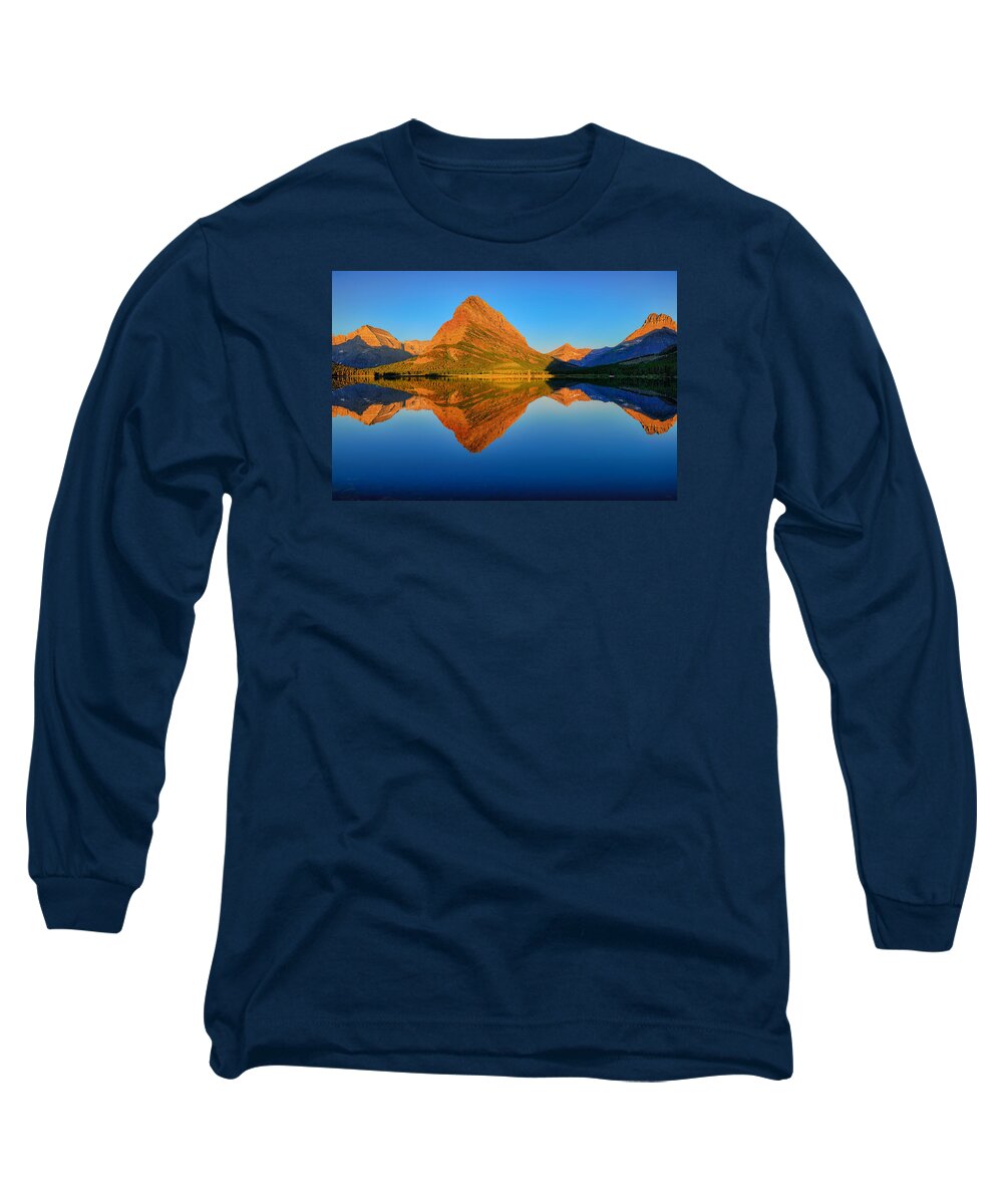 Swiftcurrent Lake Long Sleeve T-Shirt featuring the photograph Swiftcurrent Morning Reflections by Greg Norrell
