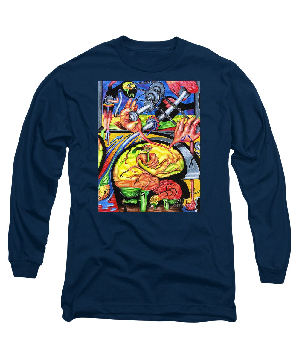 Consciousness Long Sleeve T-Shirt featuring the drawing The Mechanics of Consciousness by Justin Jenkins