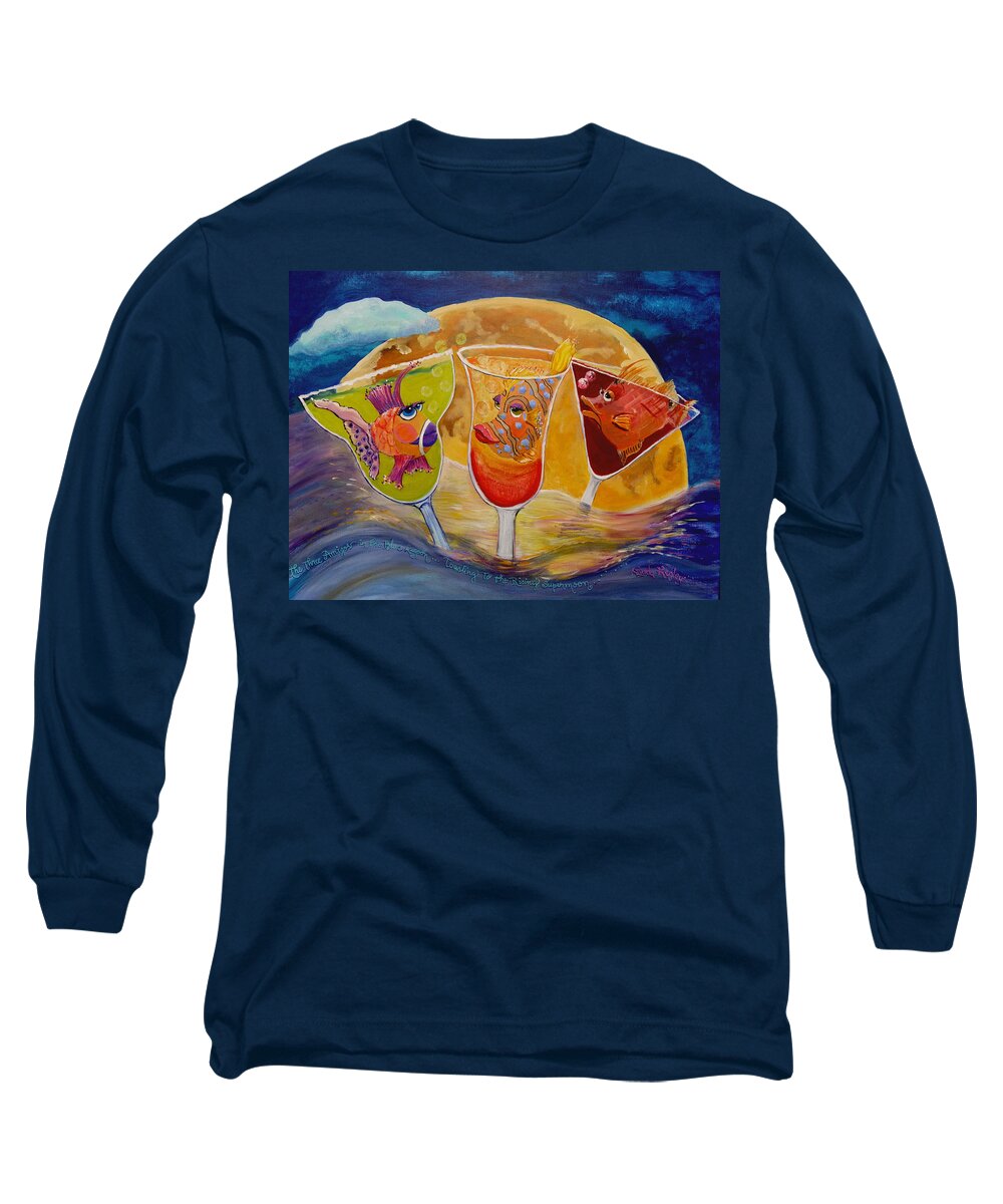 Funky Fish Long Sleeve T-Shirt featuring the painting Three Amigos and the Supermoon by Linda Kegley