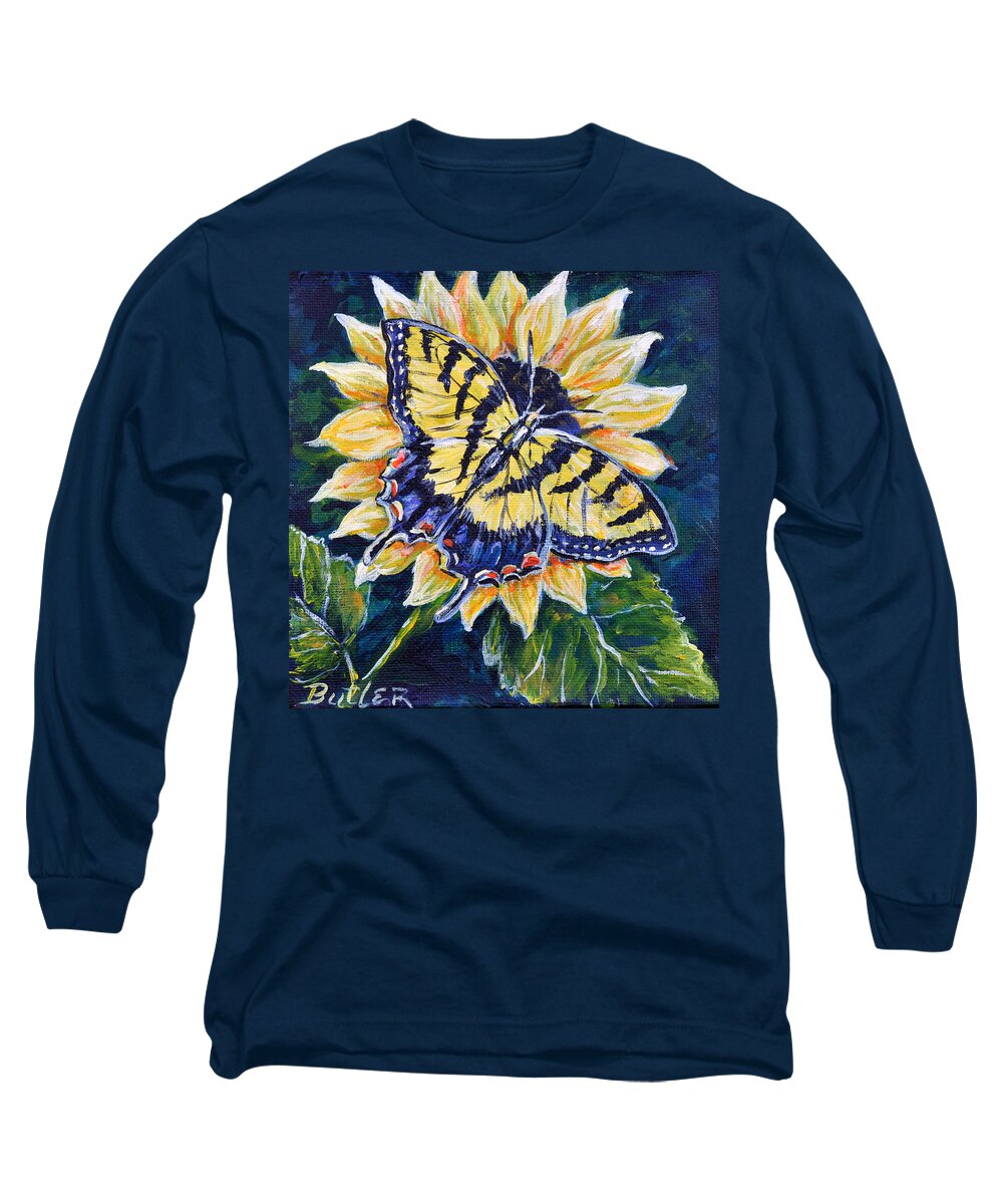 Butterfly Tiger Swallowtail Sunflower Nature Yellow Long Sleeve T-Shirt featuring the painting Tiger and Sunflower by Gail Butler