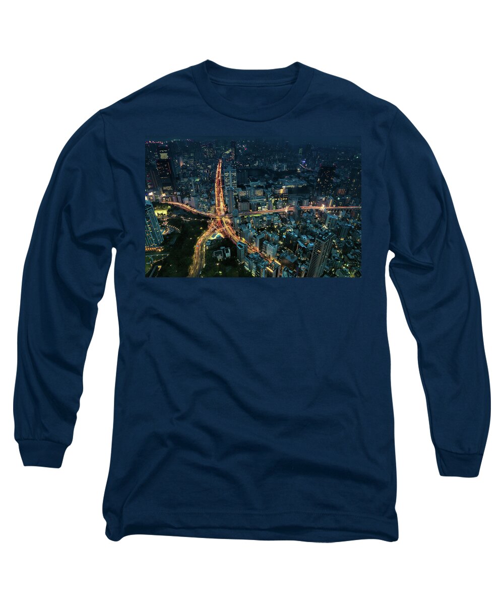 Modern Architecture Long Sleeve T-Shirt featuring the photograph Tokyo night panorama by Ponte Ryuurui
