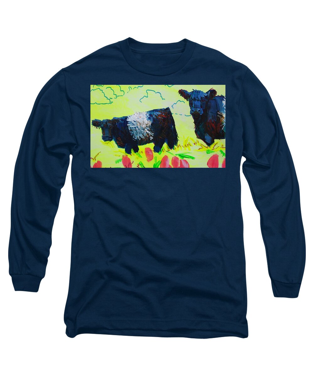 Belted Galloway Cows Long Sleeve T-Shirt featuring the painting Two Belted Galloway Cows Looking At You by Mike Jory