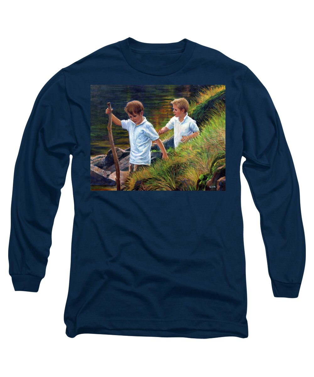 Farm Long Sleeve T-Shirt featuring the painting Two Boys Hiking by Marie Witte