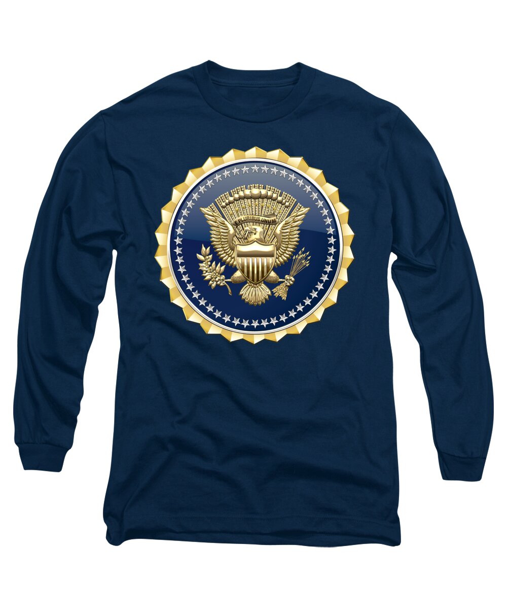  'military Insignia & Heraldry 3d' Collection By Serge Averbukh Long Sleeve T-Shirt featuring the digital art Presidential Service Badge - P S B on Blue Velvet by Serge Averbukh