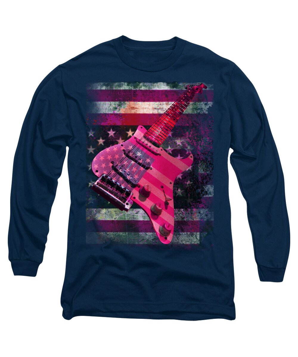  Guitar Long Sleeve T-Shirt featuring the digital art USA Pink Strat Guitar Music by Guitarwacky Fine Art