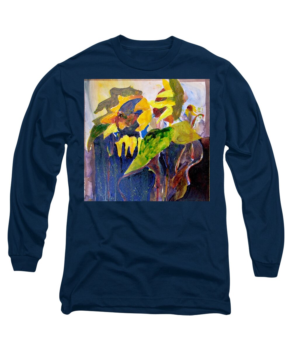 Sunflowers Long Sleeve T-Shirt featuring the painting Wind Blown Sunflowers by Carole Johnson
