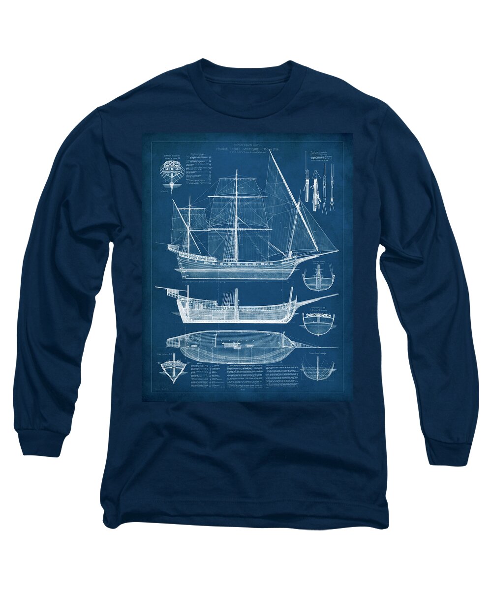 Home Long Sleeve T-Shirt featuring the painting Antique Ship Blueprint I #1 by Vision Studio