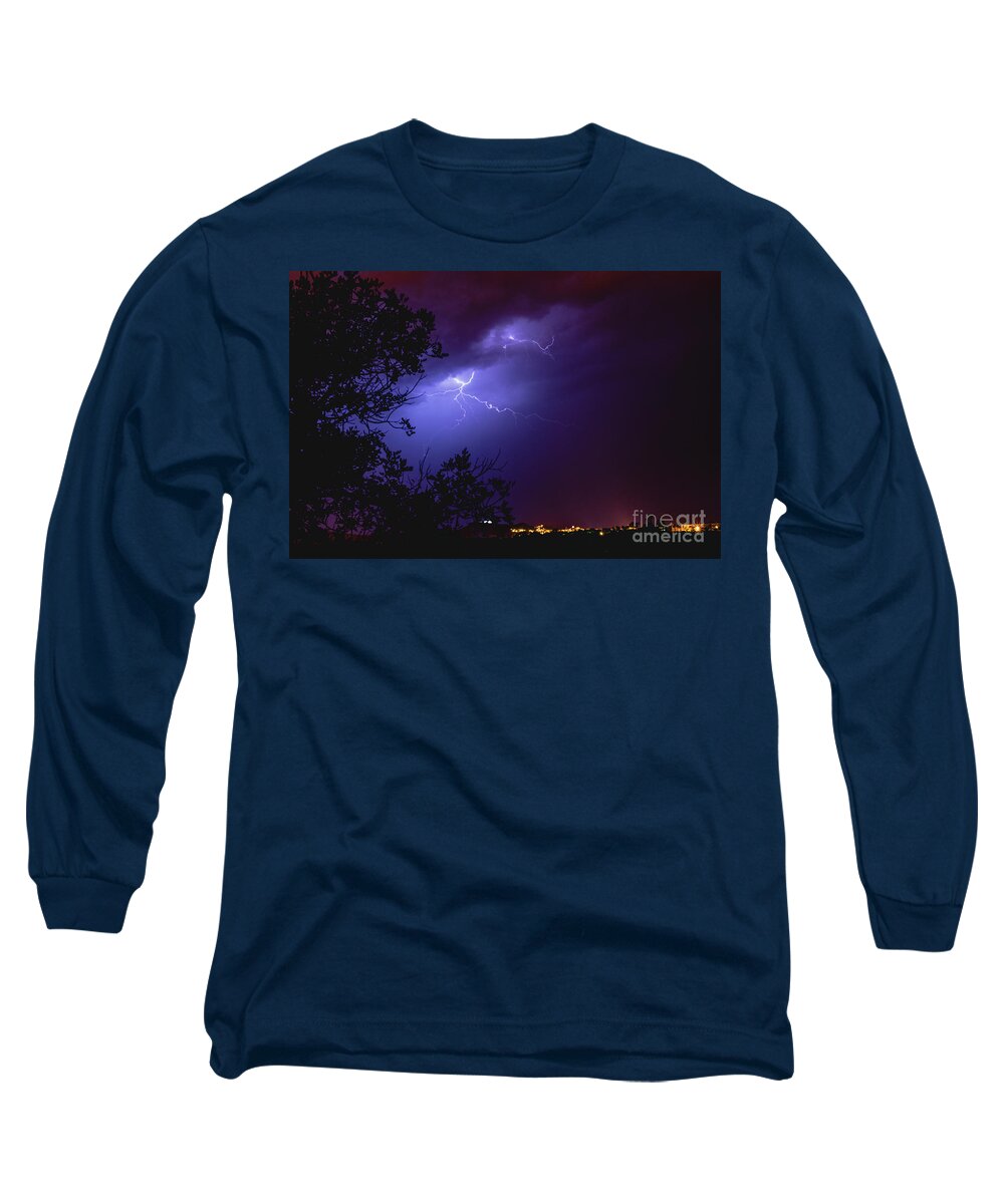 Background Long Sleeve T-Shirt featuring the photograph Rays in a night storm with light and clouds. #5 by Joaquin Corbalan