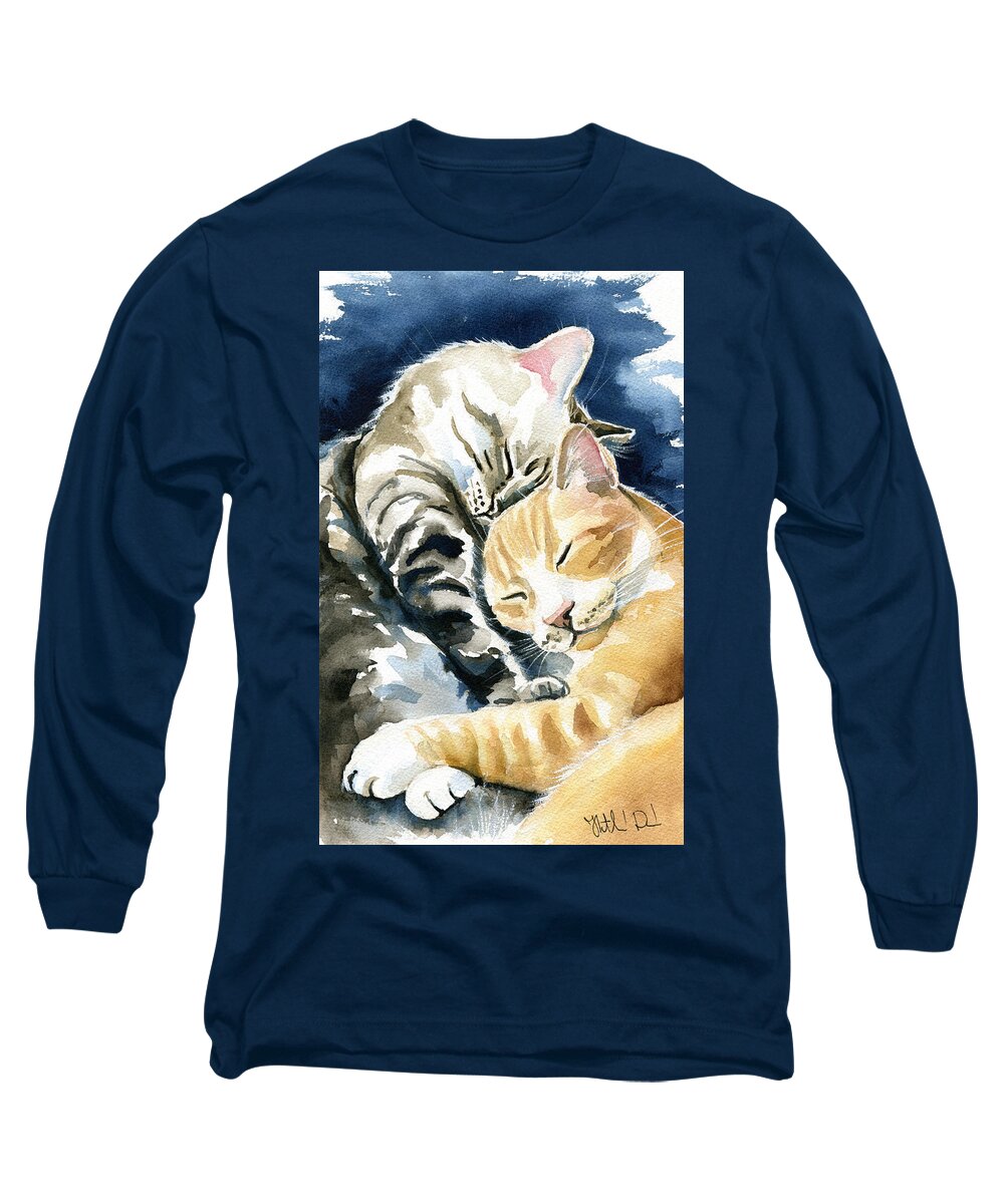 Valentine Long Sleeve T-Shirt featuring the painting Annie and Michael Tabby Cat Painting by Dora Hathazi Mendes