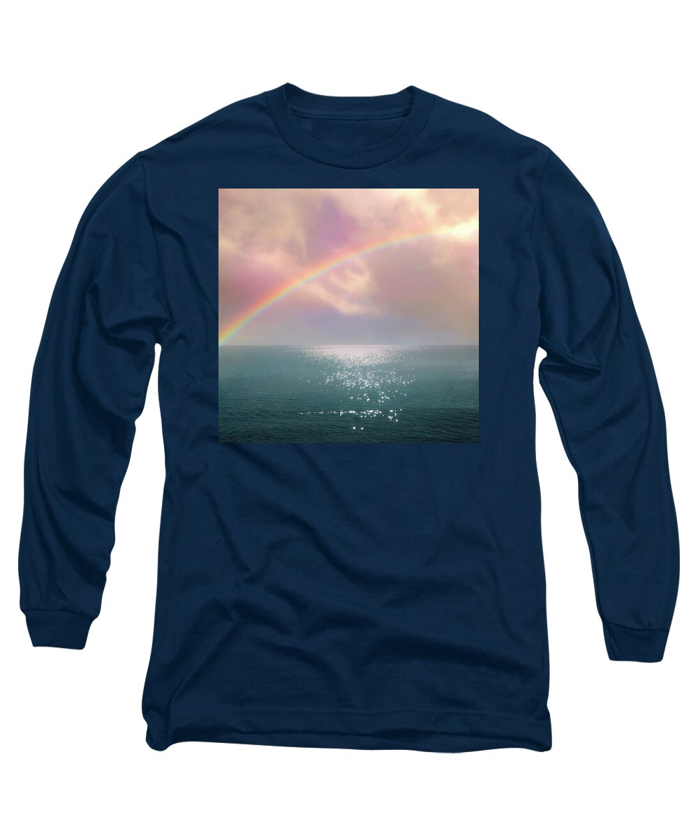 Sea Long Sleeve T-Shirt featuring the mixed media Beautiful Morning In Dreamland With Rainbow by Johanna Hurmerinta