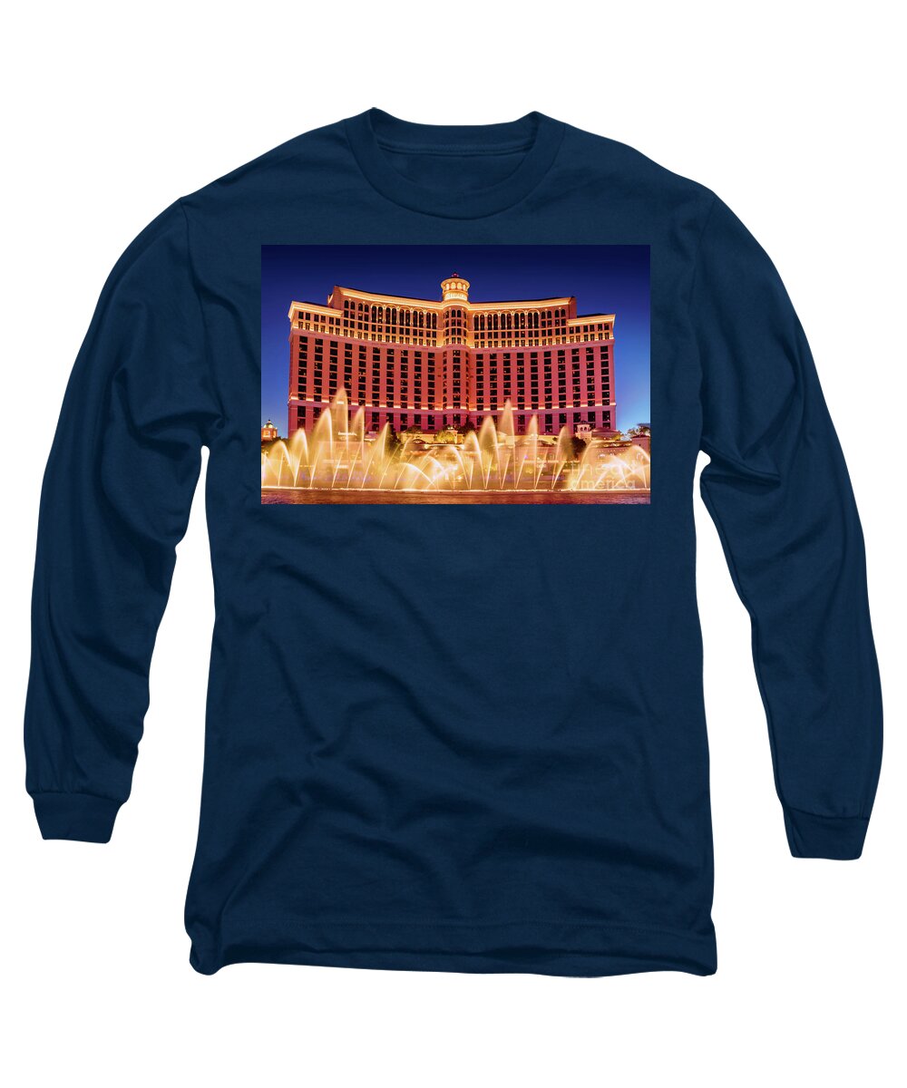 Bellagio Long Sleeve T-Shirt featuring the photograph Bellagio Fountains Arches at Dusk by Aloha Art