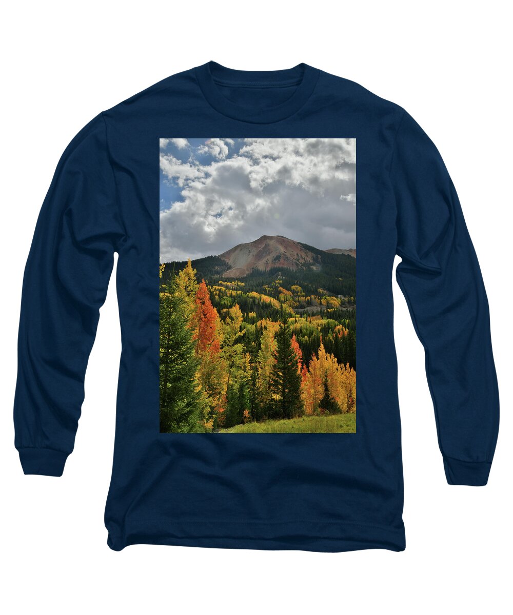 Red Mountain Pass Long Sleeve T-Shirt featuring the photograph Brilliantly Colored Aspens and Red Mountain in Colorado by Ray Mathis