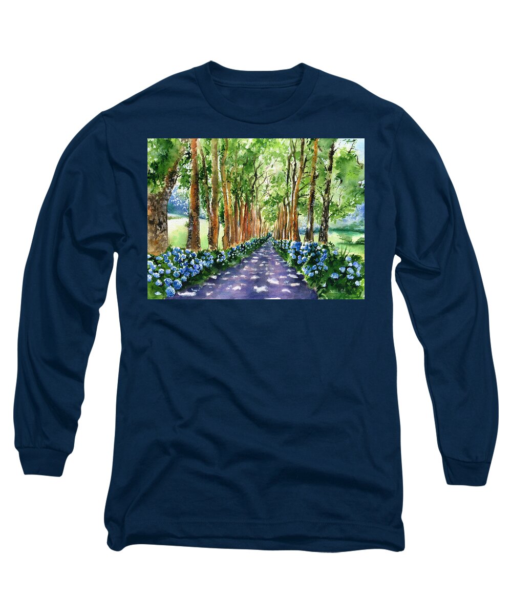 Azores Long Sleeve T-Shirt featuring the painting Caminho Vermelho Azores Portugal by Dora Hathazi Mendes